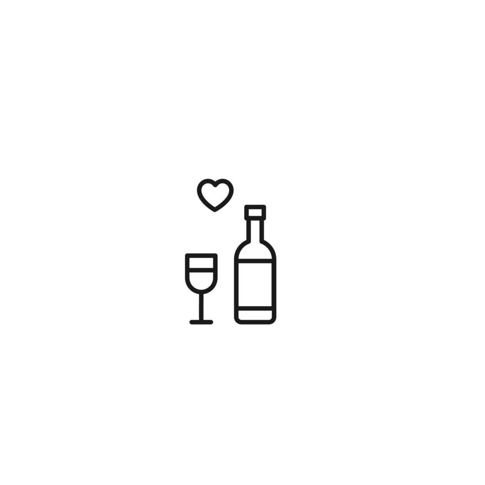 Romance, love and dating concept. Outline sign and editable stroke drawn in modern flat style. Suitable for articles, web sites etc. Vector line icon of heart over champagne bottle and glass