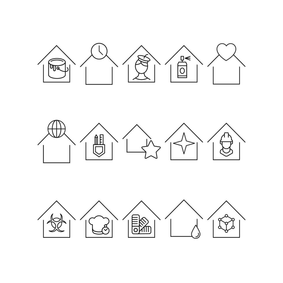 Building as establishment or facility. Line icon set including icons of houses, clinics, workshops, studios, stores, cafe, laboratory. Including busket, heart etc over house vector