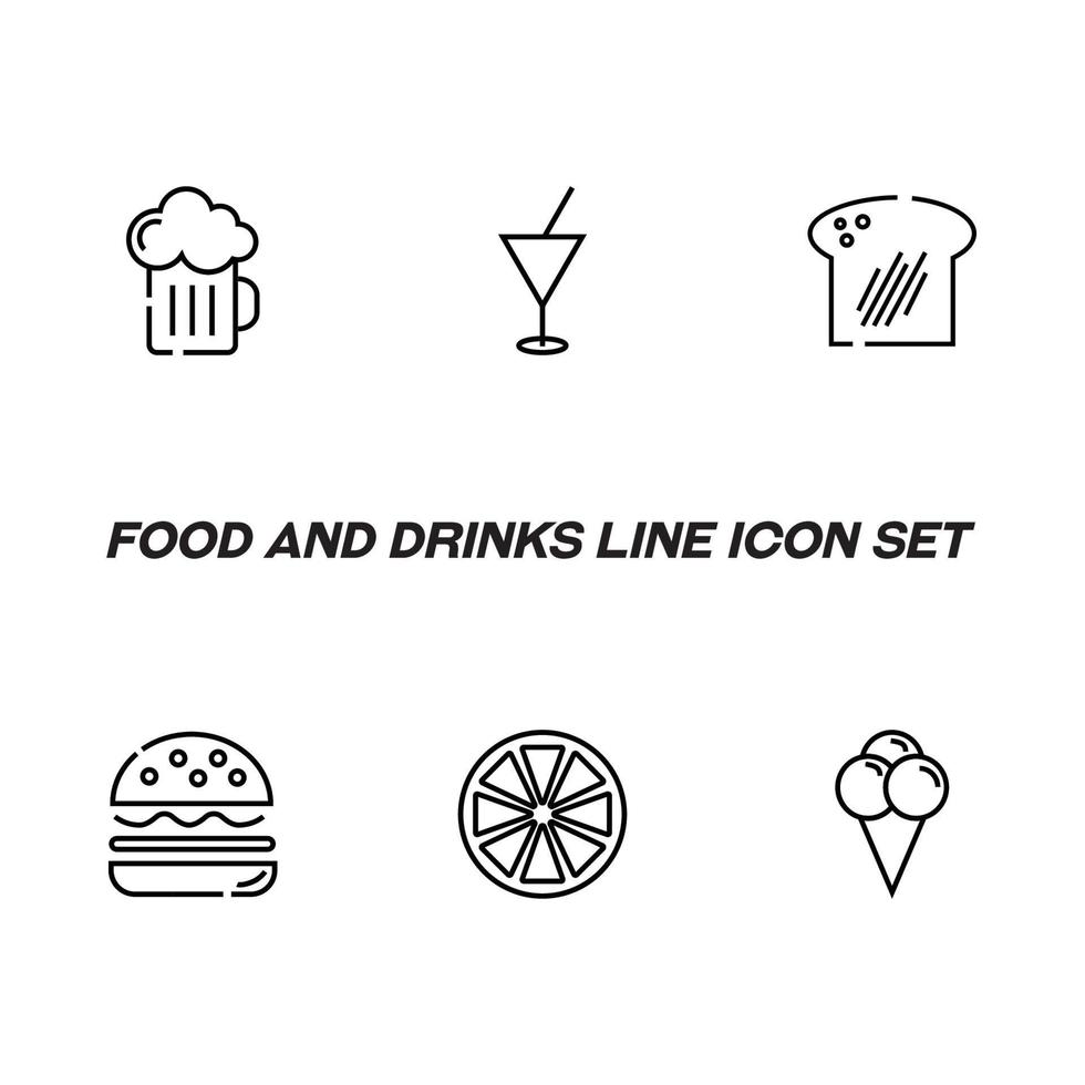 Food and drinks concept. Modern outline symbol and editable stroke. Line icon pack including signs of bear, coctail, ice cream, burger, orange vector