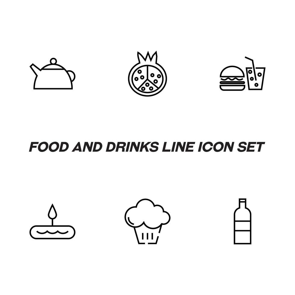 Food and drinks concept. Modern outline symbol and editable stroke. Line icon pack including signs of kettle, pomegranate, hamburger, sparkling water, cake, vine vector