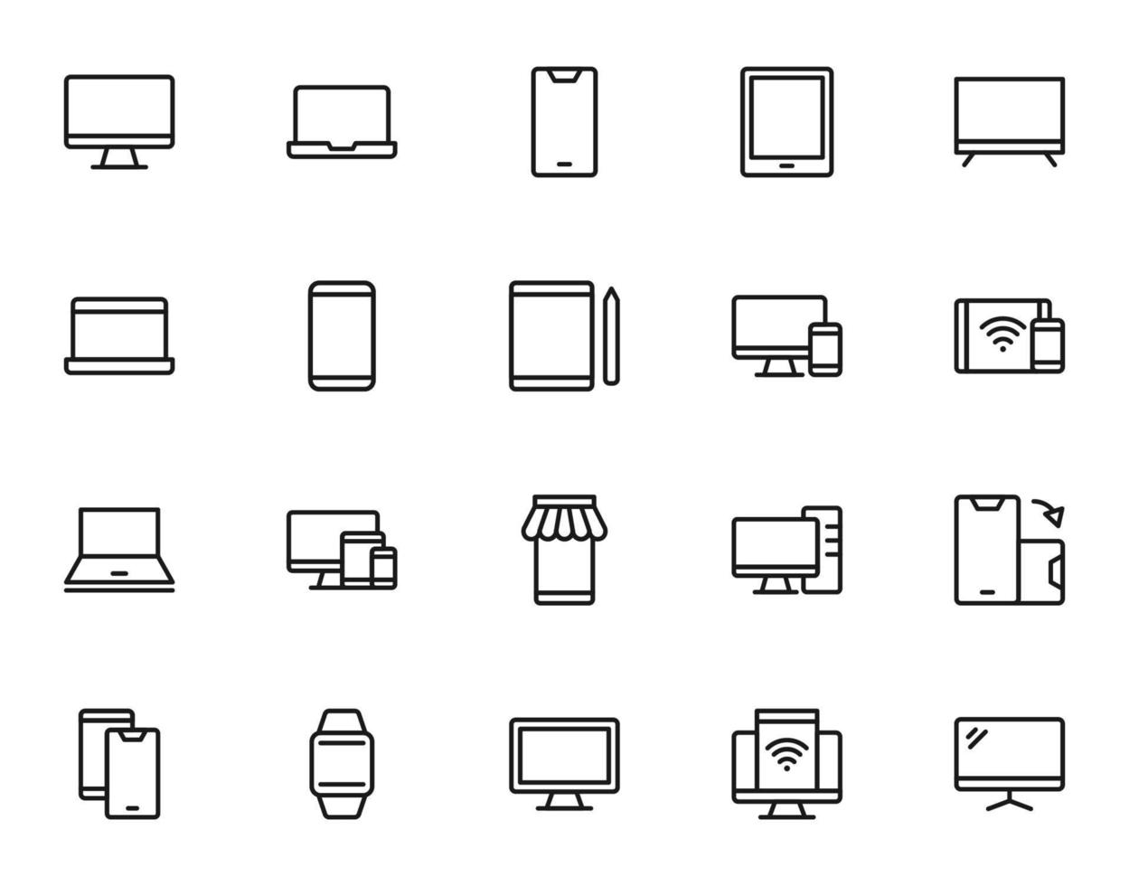 Electronic devices concept. Line icon collection including icons of laptop, tablet, smartphone, computer, wristwatch, e-commerce. Suitable for internet shops, stores, advertisement etc vector