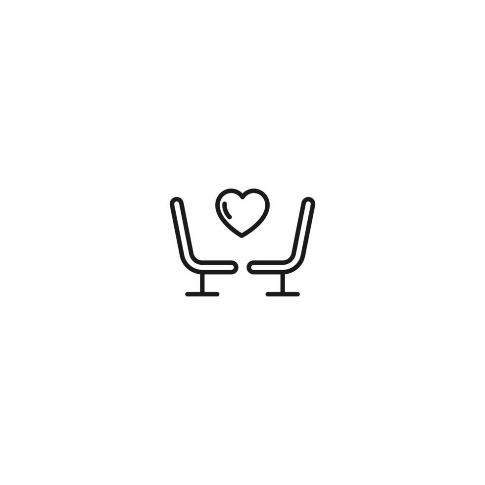 Romance, love and dating concept. Outline sign and editable stroke drawn in modern flat style. Suitable for articles, web sites etc. Vector line icon of heart between seats or chairs