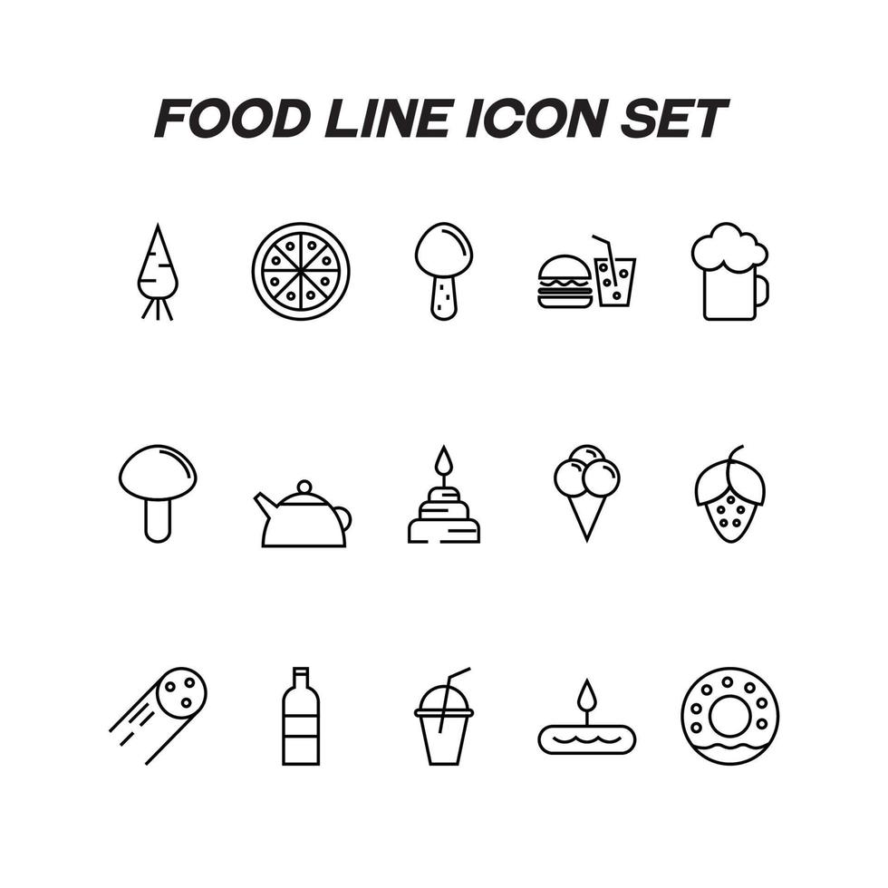 concepto de alimentos y bebidas. símbolo de contorno moderno y trazo editable. paquete de iconos de línea que incluye signos de zanahoria, pizza, champiñones, comida rápida, cerveza, hervidor, pastel vector