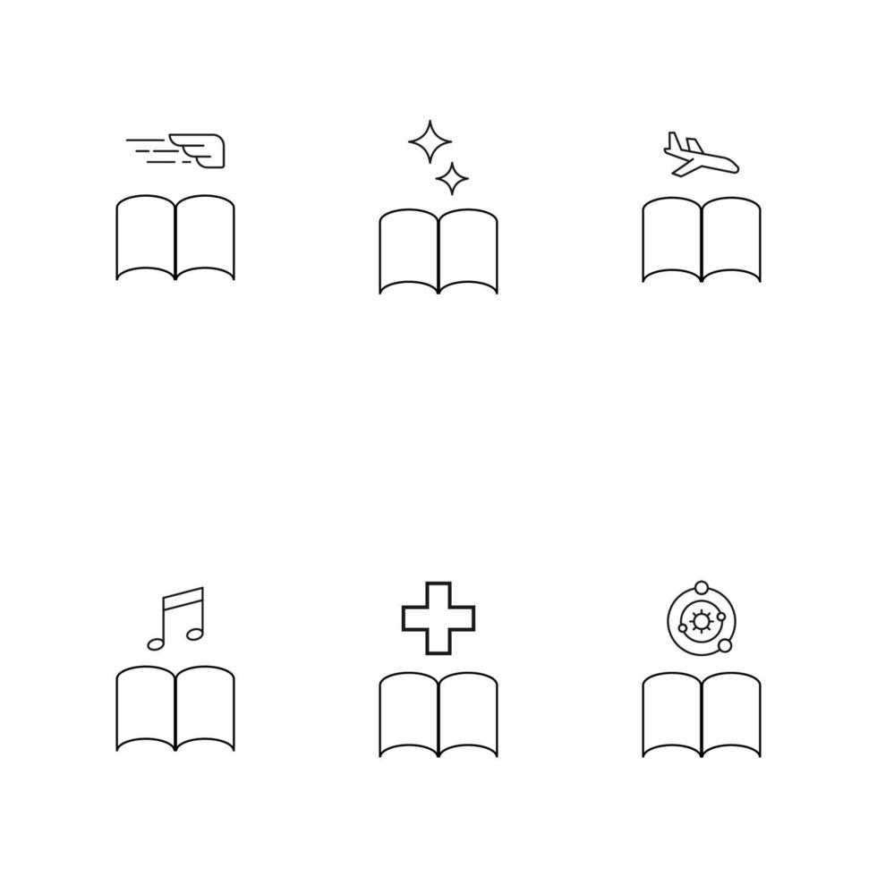 Books, fiction and reading concept. Vector illustrations in flat style. Editable strokes. Line icon set including icons of wing, star, airplane, medical cross, musical note, planets