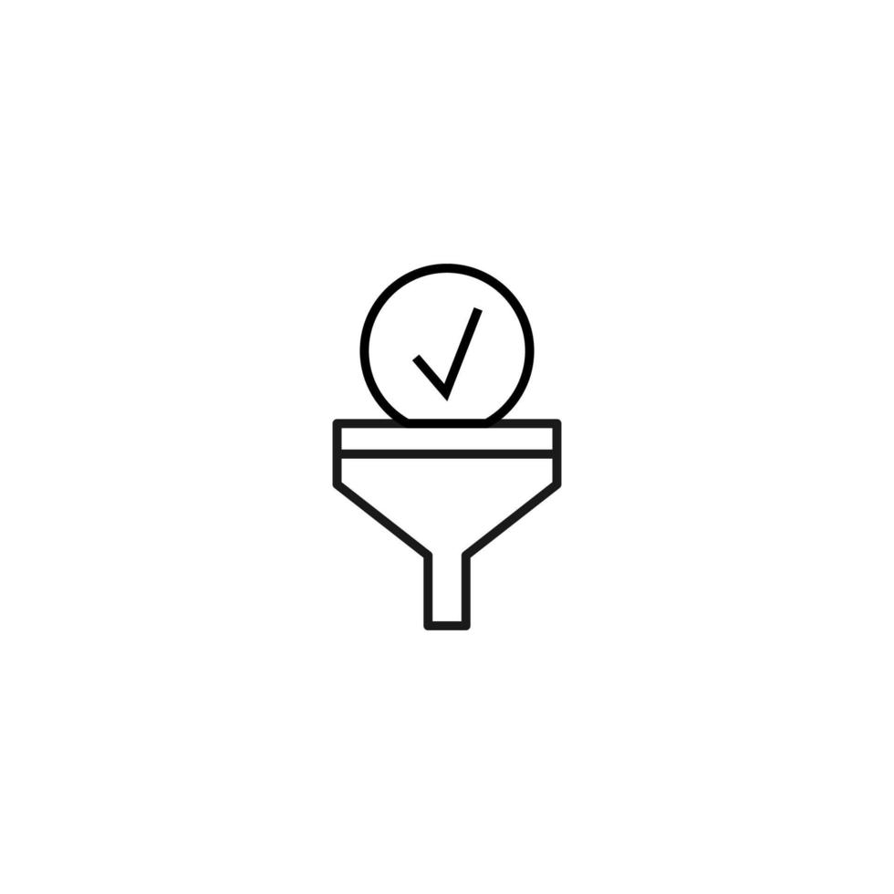 Filtration concept. Vector sign drawn with black lines. Modern symbol in flat style suitable for adverts, books, articles, web sites, apps. Line icon of checkmark inside of funnel or vortex