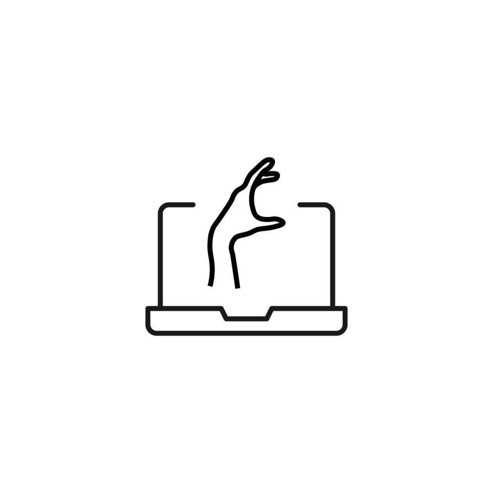 Simple black and white illustration drawn with thin line. Perfect for advertisement, internet shops, stores. Editable stroke. Vector line icon of hand on laptop monitor
