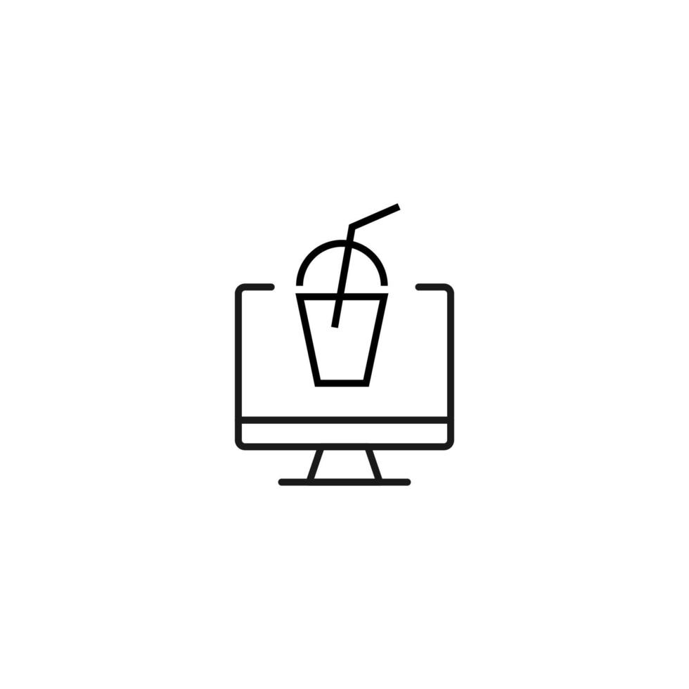 Item on pc monitor. Outline sign suitable for web sites, apps, stores etc. Editable stroke. Vector monochrome line icon of soda in disposable cup on computer monitor