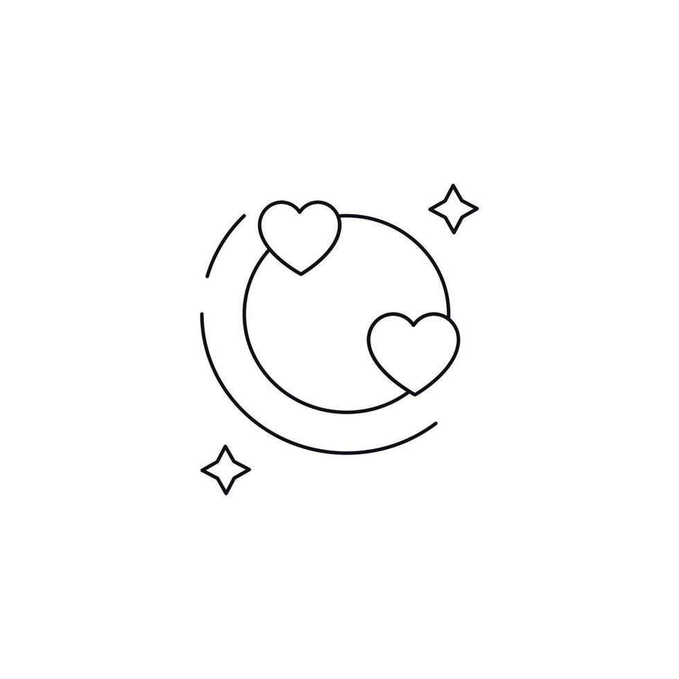 Romance and love concept. Outline sign drawn in flat style. Line icon of planet surrounded by orbit, stars and heart vector
