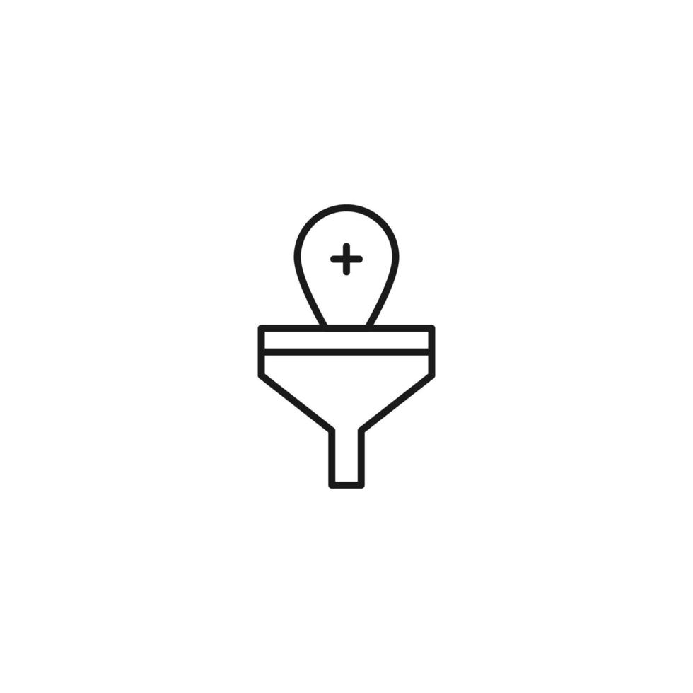 Filtration concept. Vector sign drawn with black lines. Modern symbol in flat style suitable for adverts, books, articles, web sites, apps. Line icon of cross in geotag inside of funnel or vortex
