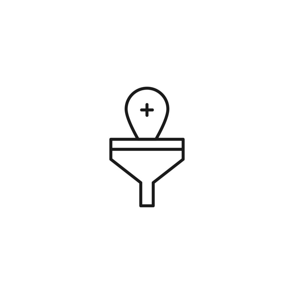 Filtration concept. Vector sign drawn with black lines. Modern symbol in flat style suitable for adverts, books, articles, web sites, apps. Line icon of cross in geotag inside of funnel or vortex