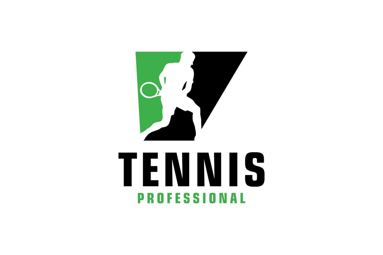 letra v con diseño de logotipo de silueta de jugador de tenis. elementos de plantilla de diseño vectorial para equipo deportivo o identidad corporativa. vector