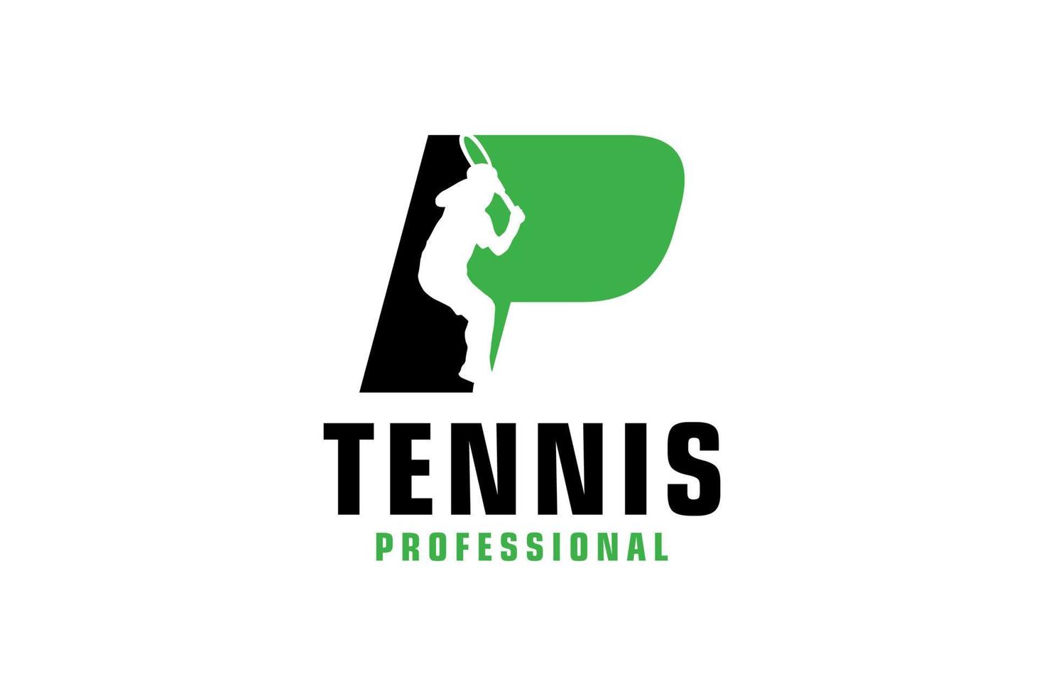 letra p con diseño de logotipo de silueta de jugador de tenis. elementos de plantilla de diseño vectorial para equipo deportivo o identidad corporativa. vector