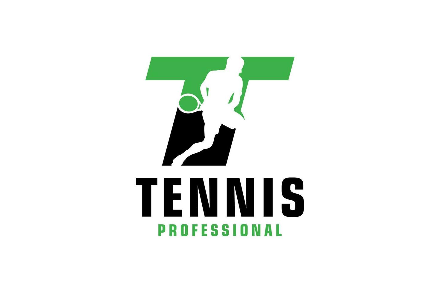 letra t con diseño de logotipo de silueta de jugador de tenis. elementos de plantilla de diseño vectorial para equipo deportivo o identidad corporativa. vector