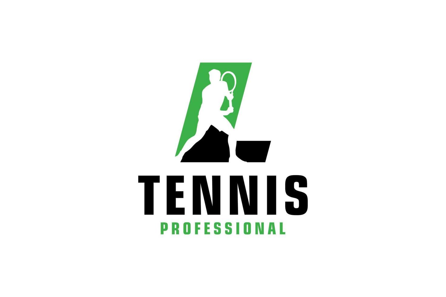 letra l con diseño de logotipo de silueta de jugador de tenis. elementos de plantilla de diseño vectorial para equipo deportivo o identidad corporativa. vector