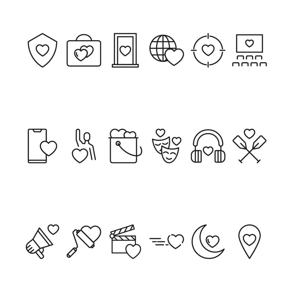 Love and romance concept. Vector symbols in modern flat style. Heart line icon set including icons of heart inside of shield, briefcase, globe, cinema hall etc
