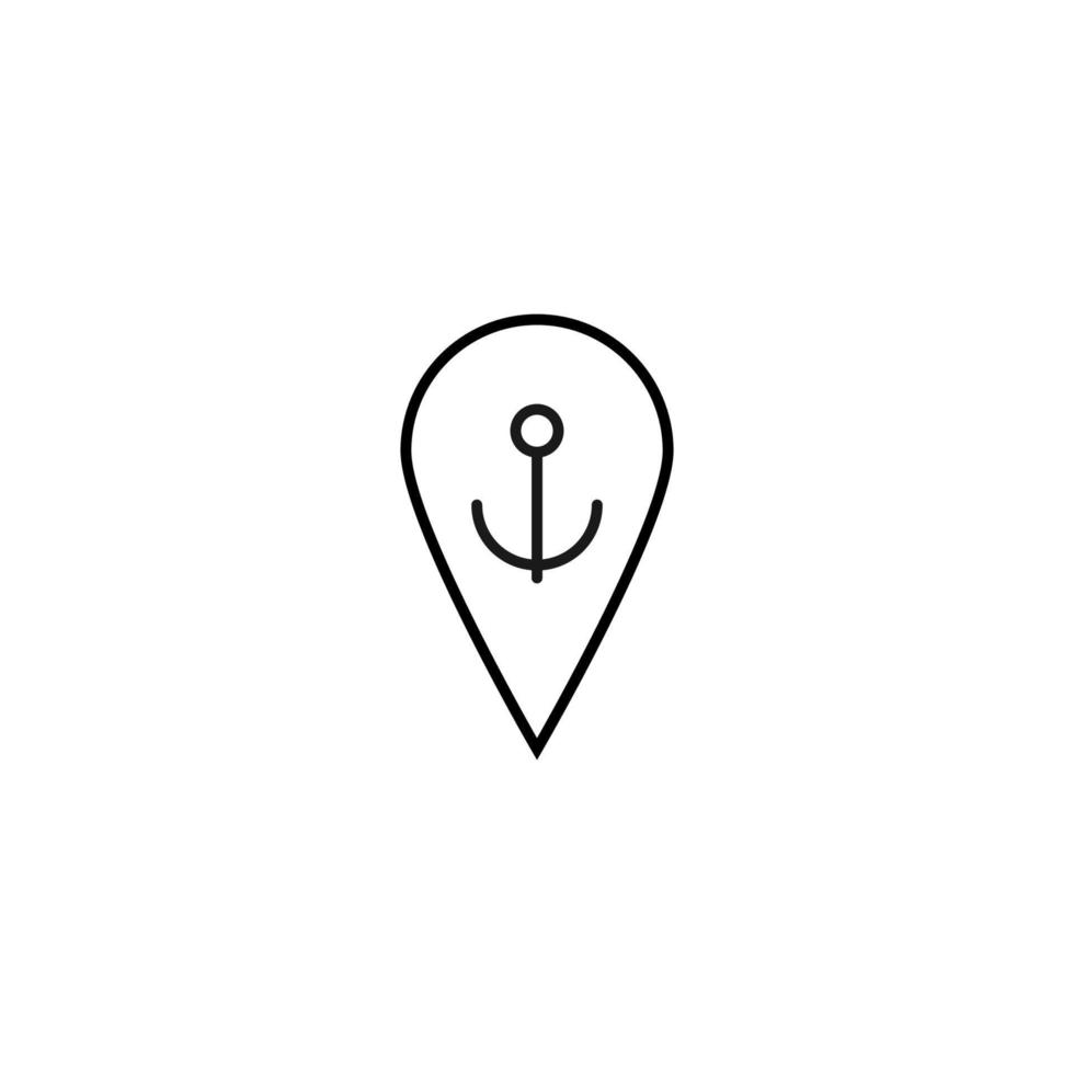 Vector symbol drawn with black thin line. Simple monochrome sign perfect for articles, books, stores, shops. Line icon of anchor inside of geolocation sign