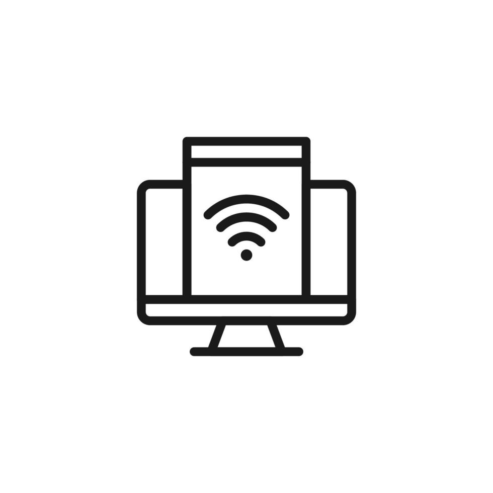 Electronic devices concept. Monochrome illustration drawn with thin line. Perfect for internet resources, stores, books, banner. Line icon of wi fi sign on monitor of computer vector
