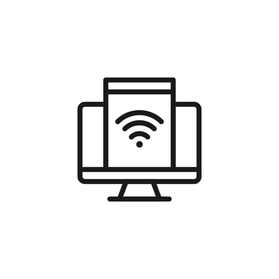 Electronic devices concept. Monochrome illustration drawn with thin line. Perfect for internet resources, stores, books, banner. Line icon of wi fi sign on monitor of computer vector