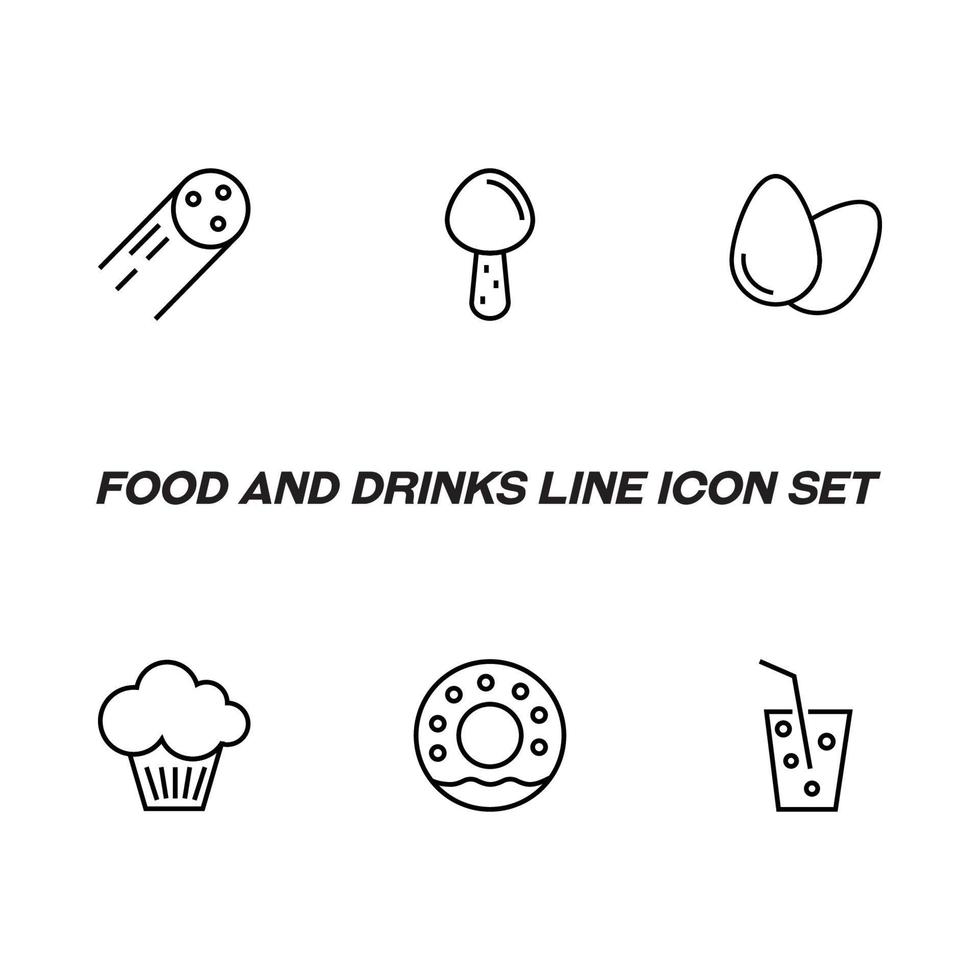 Food and drinks concept. Modern outline symbol and editable stroke. Line icon pack including signs of sausage, egg, mushroom, sparkling water, doughtnut, cupcake vector