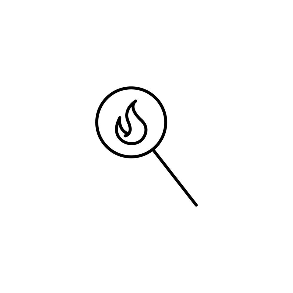 Outline symbols in flat style. Modern signs drawn with thin line. Editable strokes. Suitable for advertisements, books, internet stores. Line icon of flame under magnifying glass vector