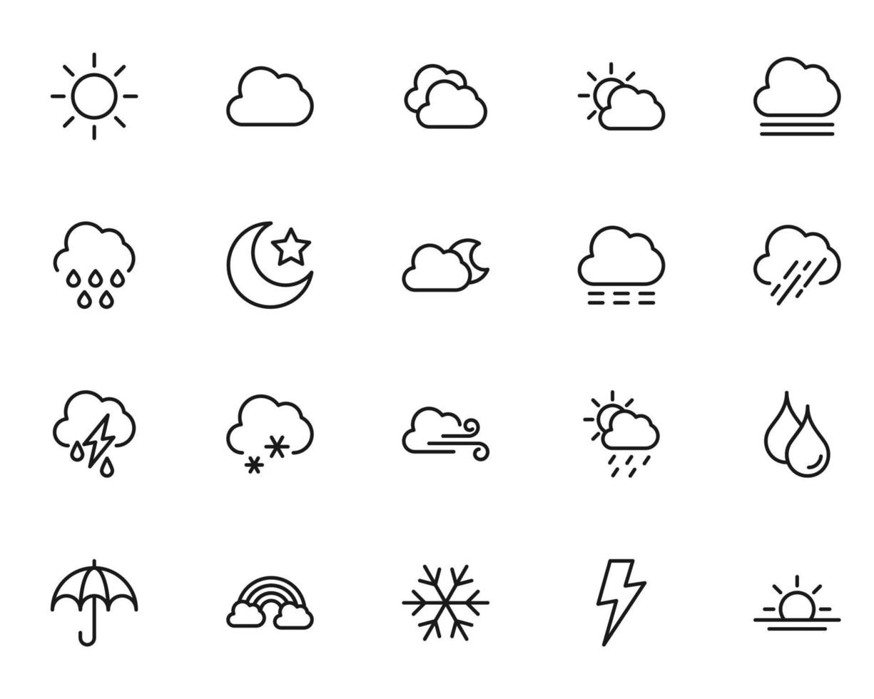 Weather and forecast concept. Outline symbols and editable strokes. Line icon collection with sign of rainbow, snowflake, lighting, sun, cloud, rain, star, moon, wind, umbrella vector