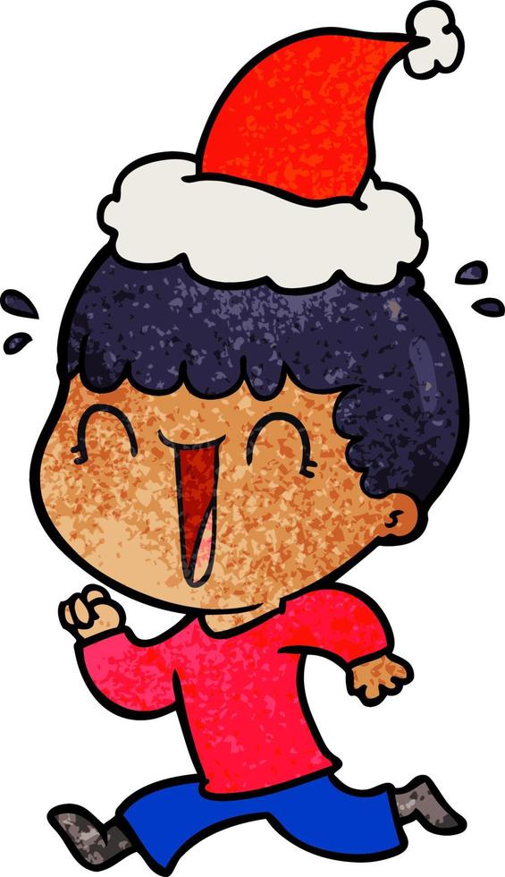 laughing textured cartoon of a man wearing santa hat vector