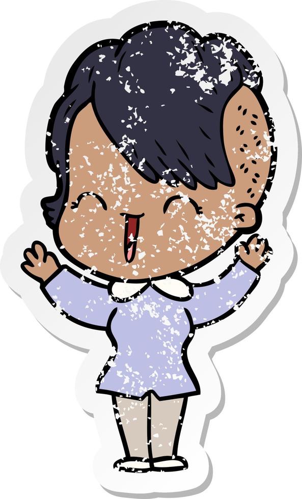 distressed sticker of a cartoon happy hipster girl vector