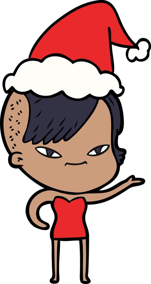 cute line drawing of a girl with hipster haircut wearing santa hat vector