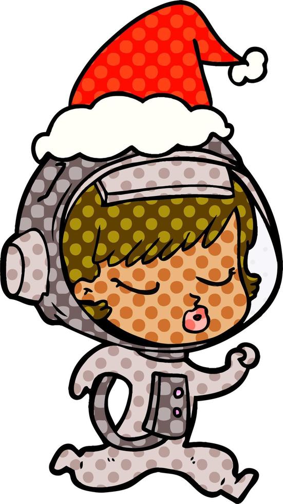 comic book style illustration of a pretty astronaut girl running wearing santa hat vector