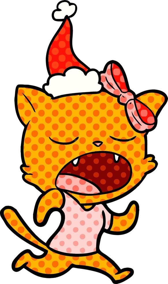 comic book style illustration of a yawning cat wearing santa hat vector