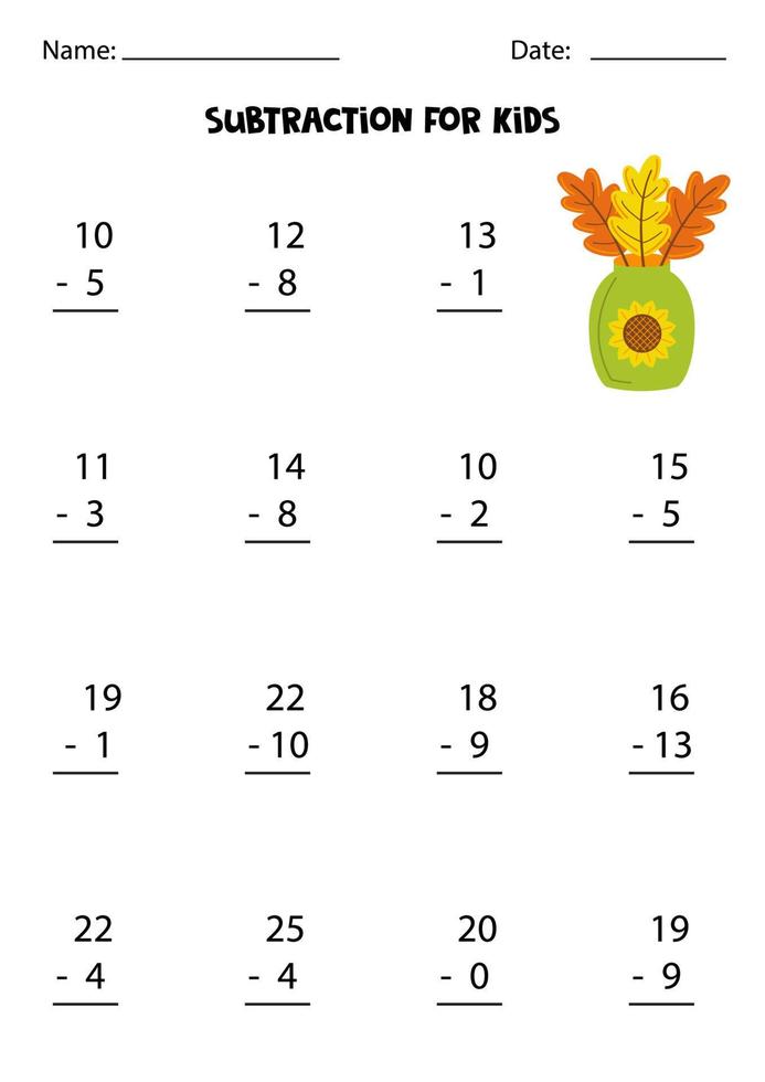 Subtraction with autumn vase. Educational math game for kids. vector