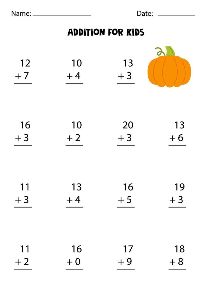 Addition for kids with hand drawn pumpkin. vector