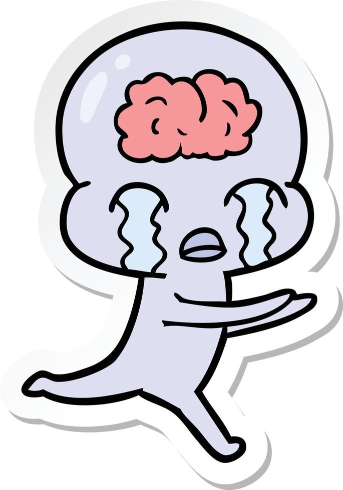 sticker of a cartoon big brain alien crying vector