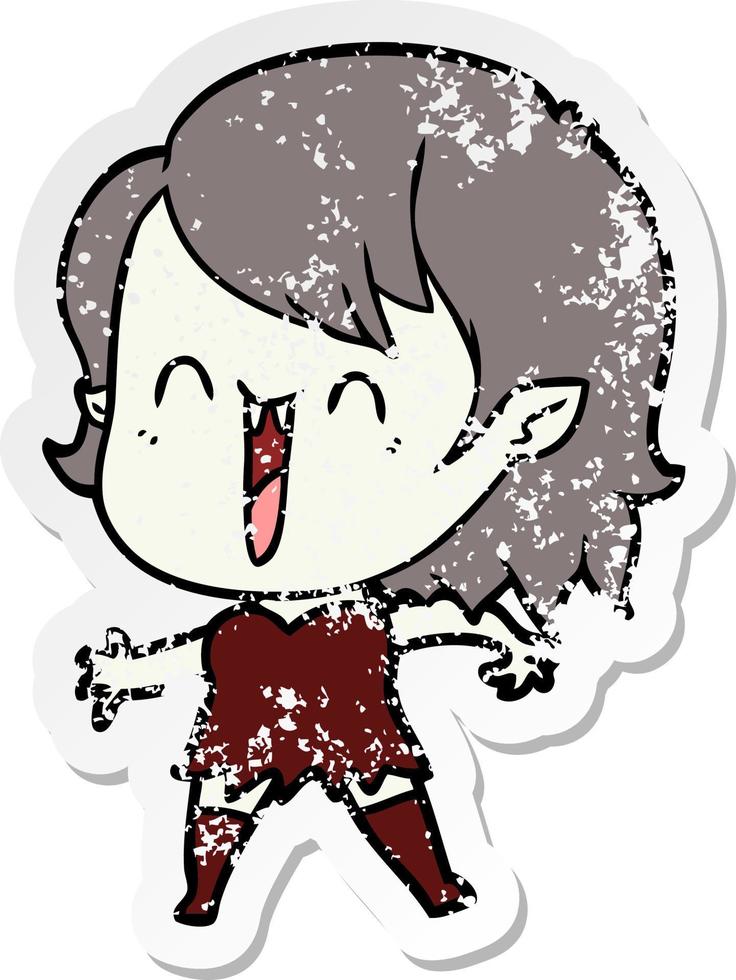 distressed sticker of a cute cartoon happy vampire girl vector