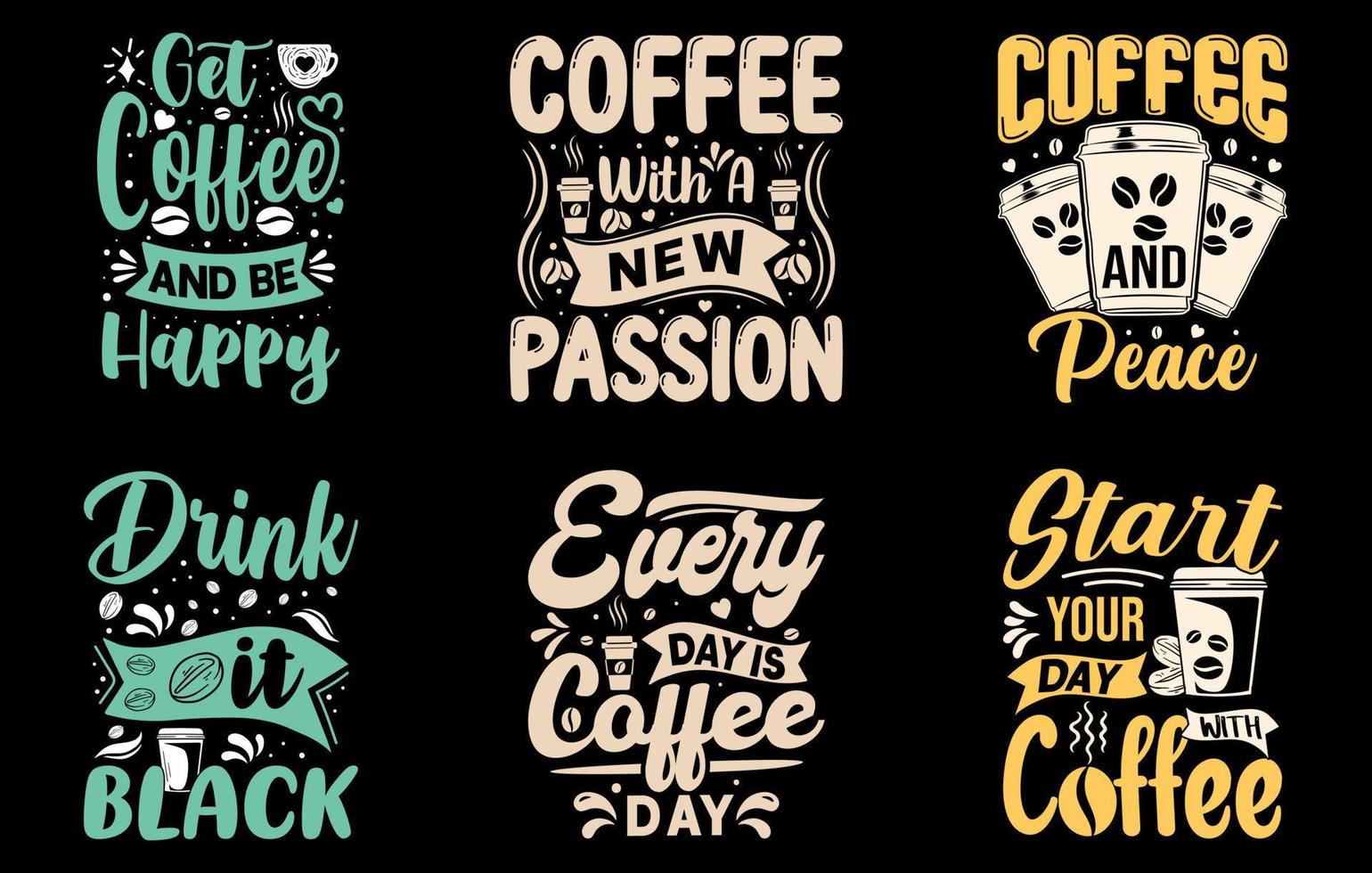 paquete de citas de letras de camisetas de café, café con una nueva pasión, café y paz, diseño de camisetas, tomar café y ser feliz, todos los días es día de café vector