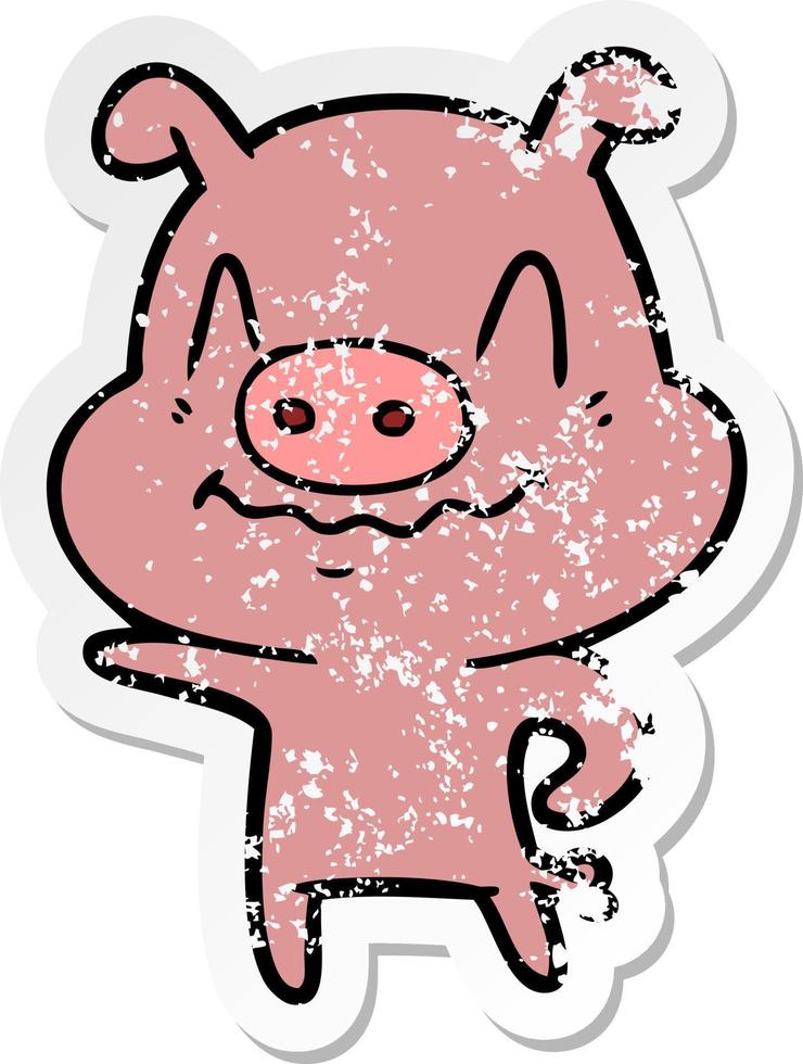 distressed sticker of a nervous cartoon pig vector