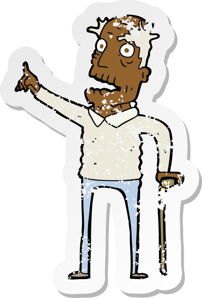 retro distressed sticker of a cartoon old man with walking stick vector