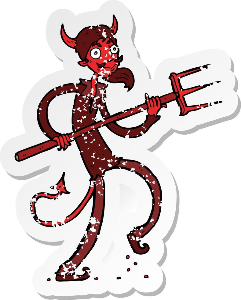 retro distressed sticker of a cartoon devil with pitchfork vector