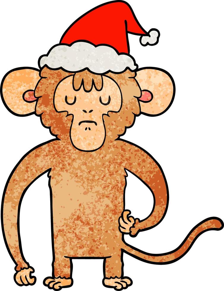 textured cartoon of a monkey scratching wearing santa hat vector