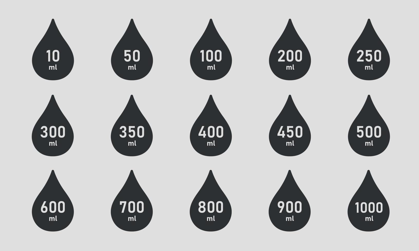 Measure of volume silhouette icon set. A drop of liquid with a value between 10 and 1000 milliliters. Water Capacity symbols. Scale for liquid or ingredient. Vector illustration