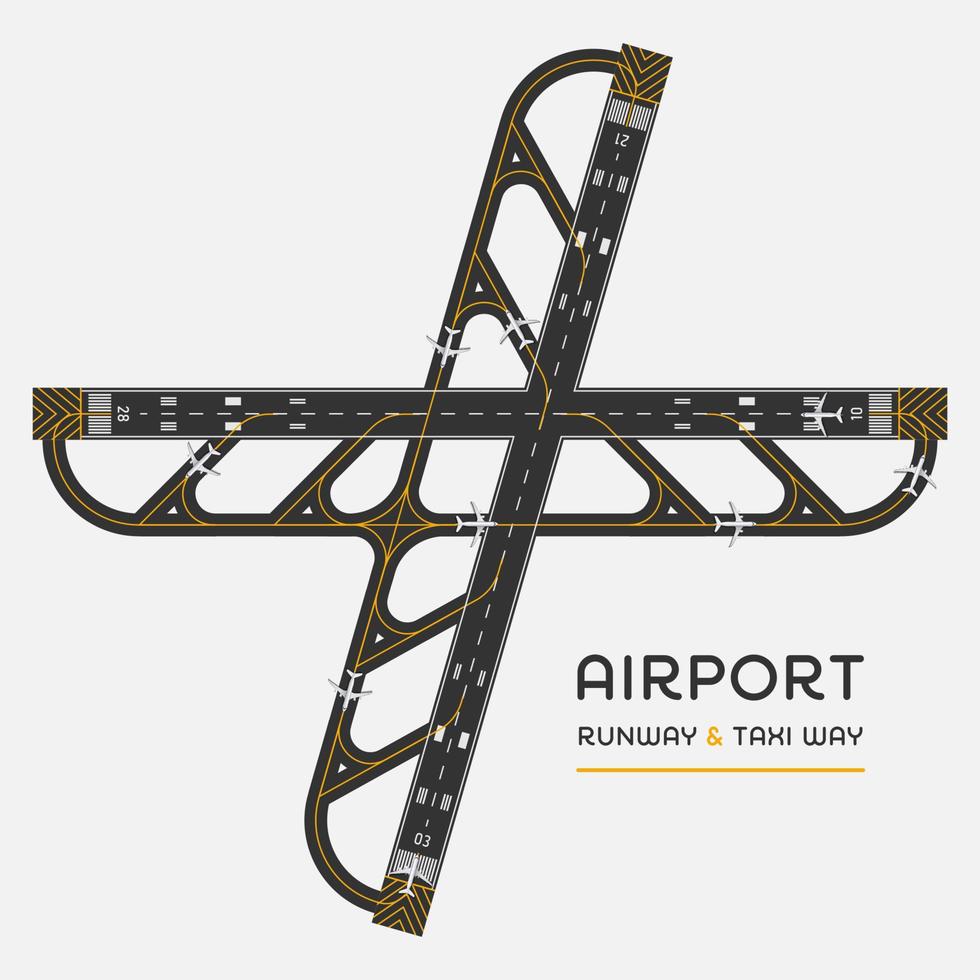 Vista superior de la pista de aterrizaje del aeropuerto y forma de taxi con avión, ilustración vectorial vector