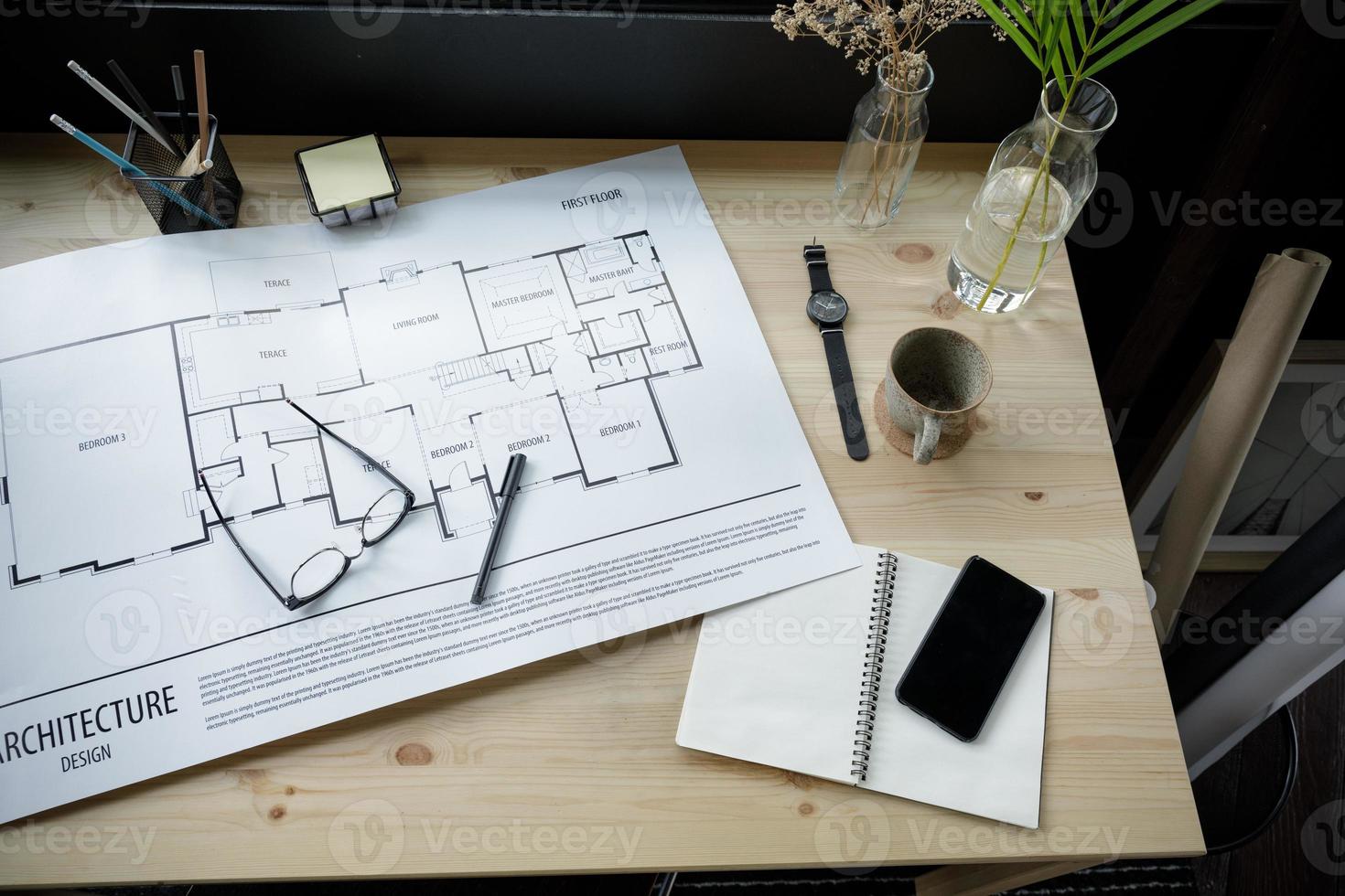 Top view workspace mockup of architectural project with architectural project plan, engineering tools, office supplies and hot coffee cup on wooden desk empty space photo