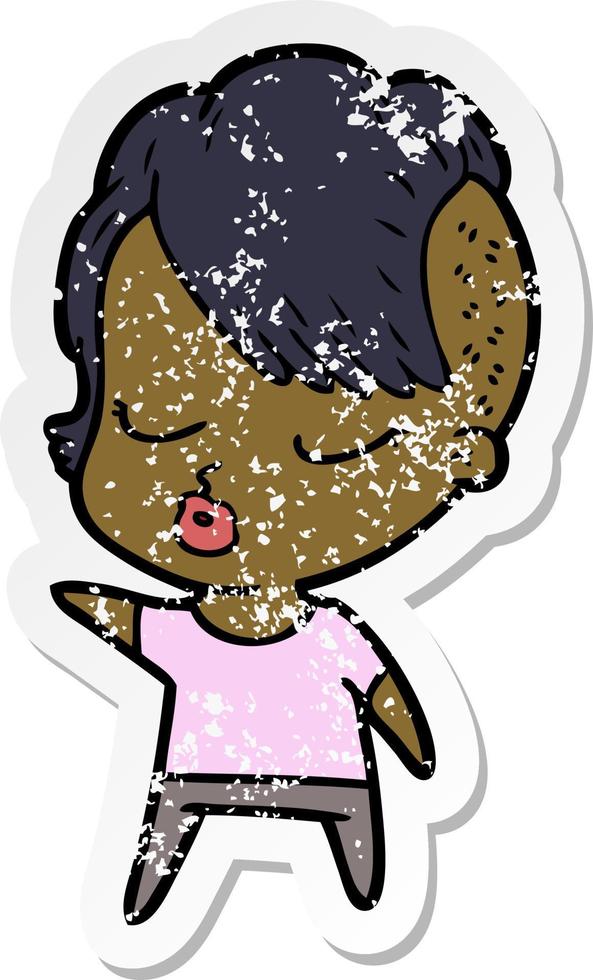distressed sticker of a cartoon pretty hipster girl vector