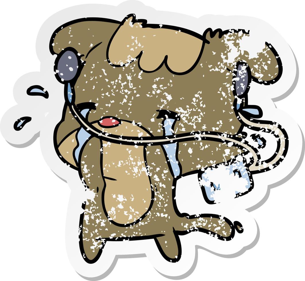 distressed sticker of a cartoon sad dog listening to music vector