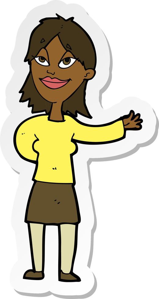 sticker of a cartoon woman gesturing to show something vector