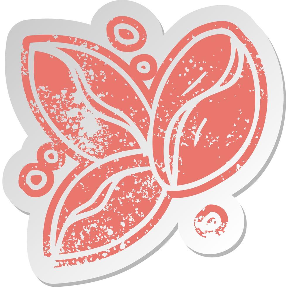 distressed old sticker of three coffee beans vector