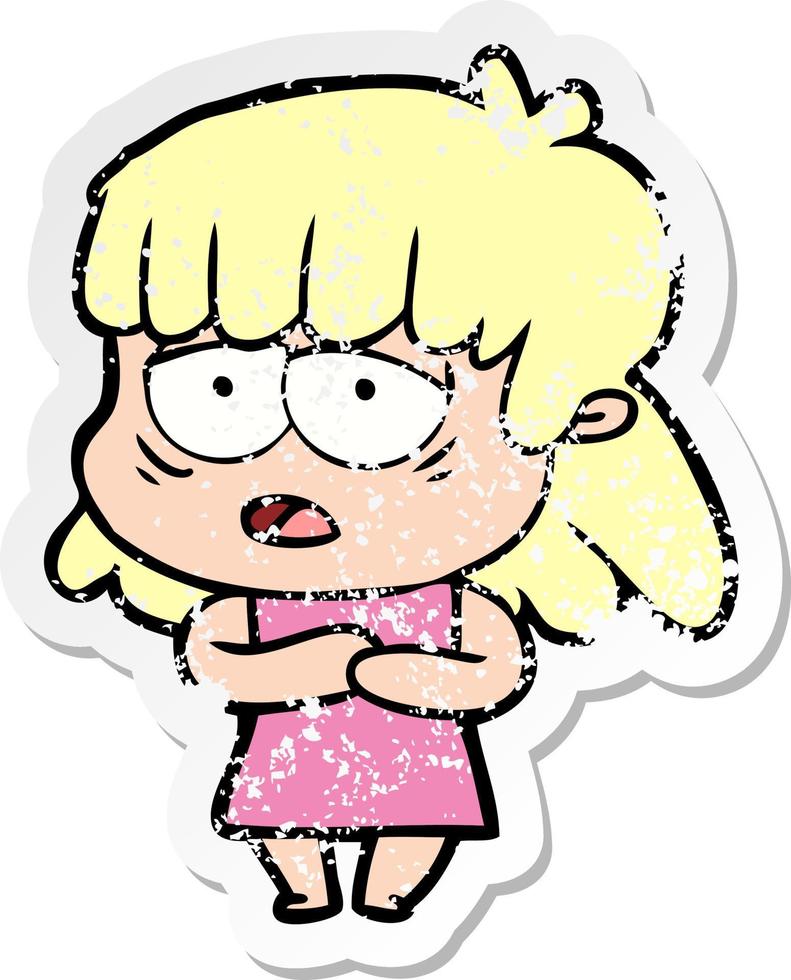 distressed sticker of a cartoon tired woman vector