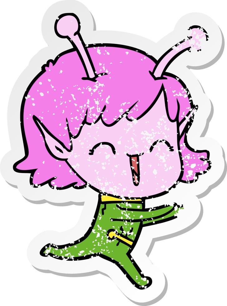 distressed sticker of a cartoon alien girl laughing vector