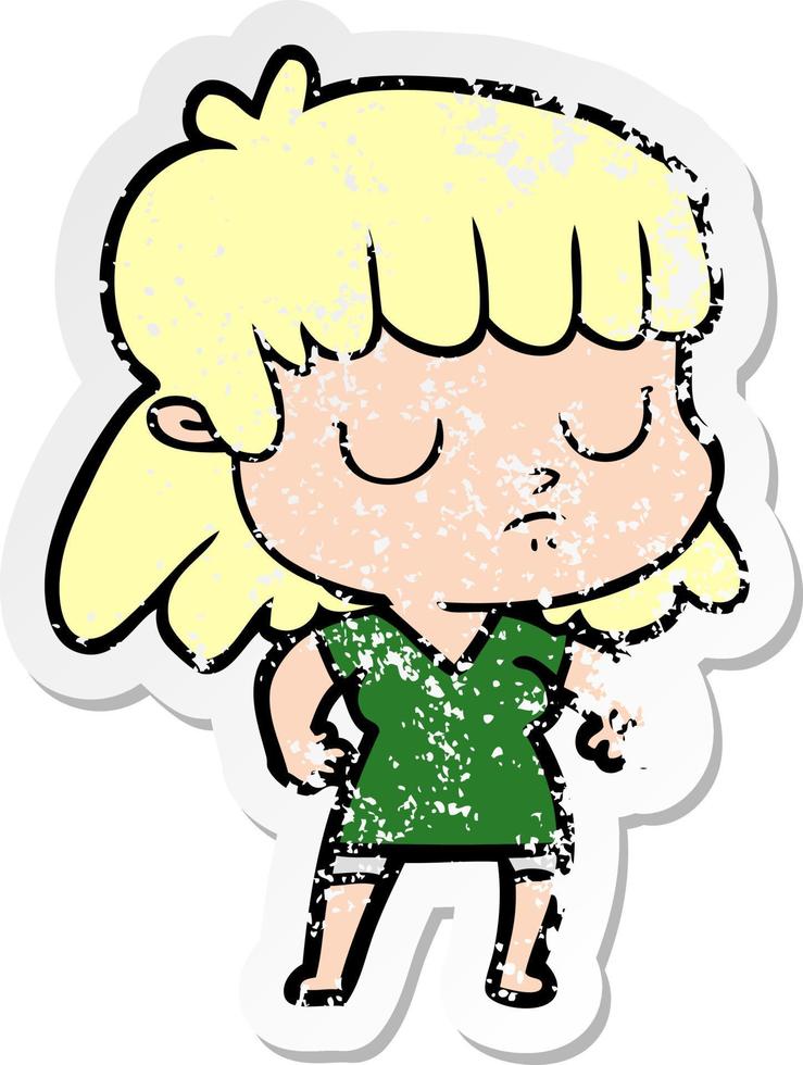 distressed sticker of a cartoon indifferent woman vector