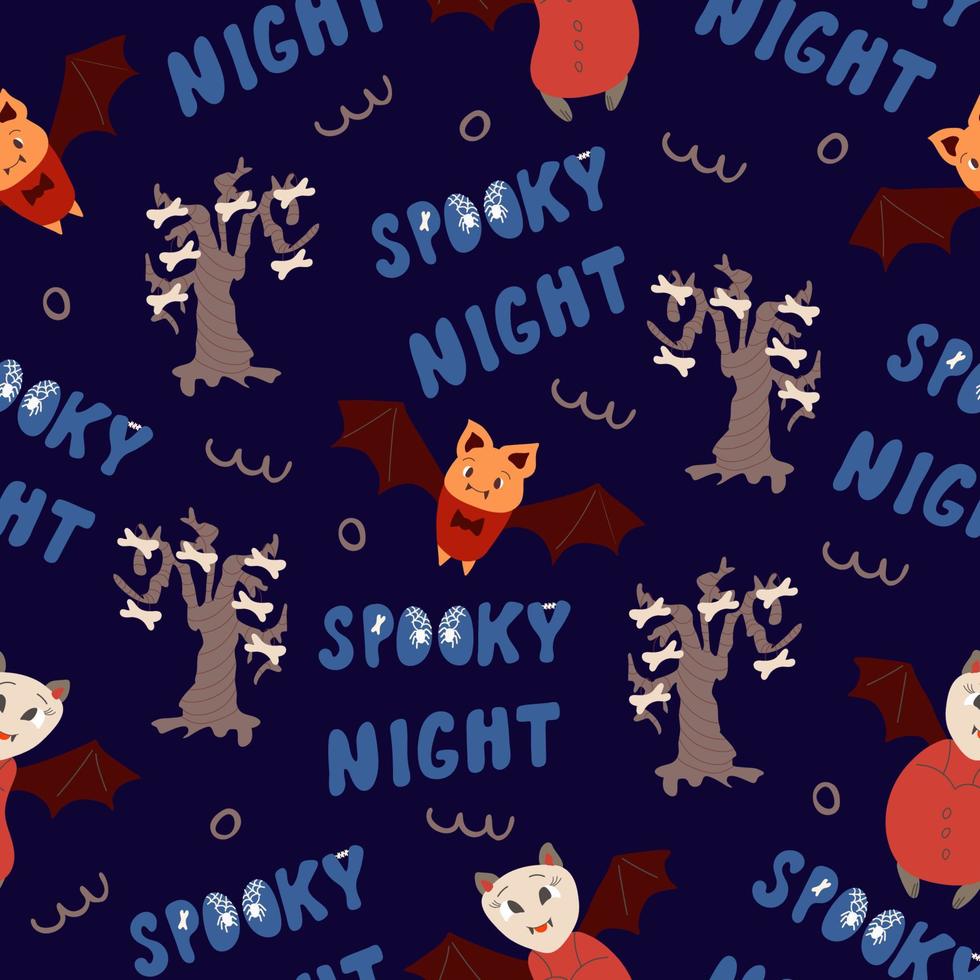 Seamless pattern for Halloween holiday with cute cartoon bat and spooky night lettering. Childish background for fabric, wrapping paper, textile, wallpaper. Vector Illustration